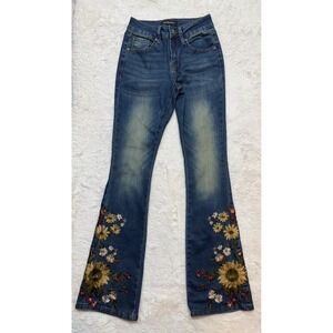Fire & Rain Flare Jeans Womens 00 Embroidered Sunflower Floral Excellent